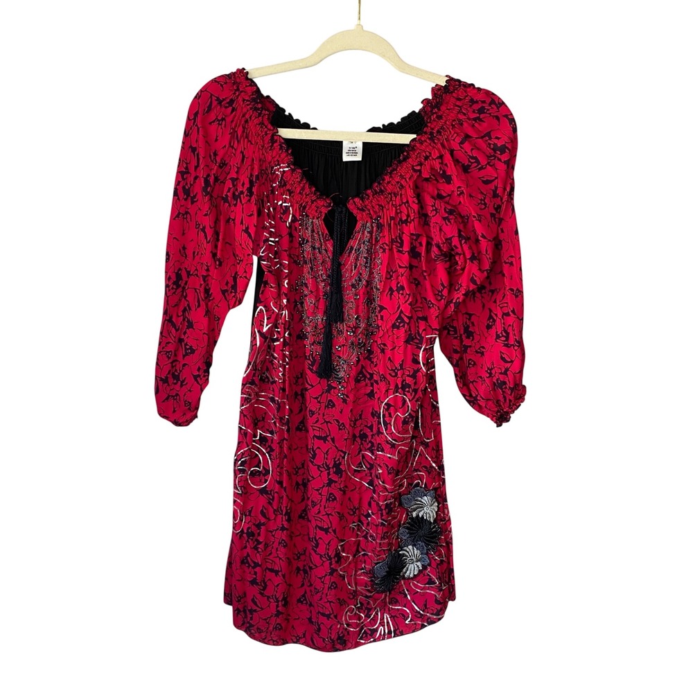 Krista Lee Red Black Floral‎ Beaded Peasant Tunic Top 3/4 Sleeve Metallic Medium